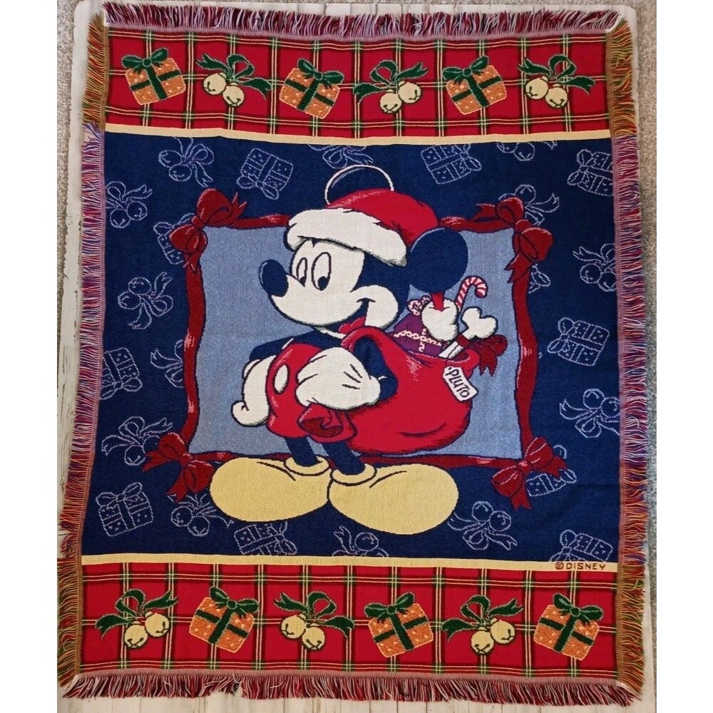 Vintage Disney Mickey Mouse Christmas Throw Blanket Santa Woven Tapestry 43"x55"